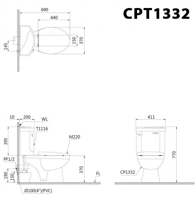 Bản vẽ kĩ thuật Bồn cầu 2 khối CAESAR CPT1332 thoát ngang nắp thường M220