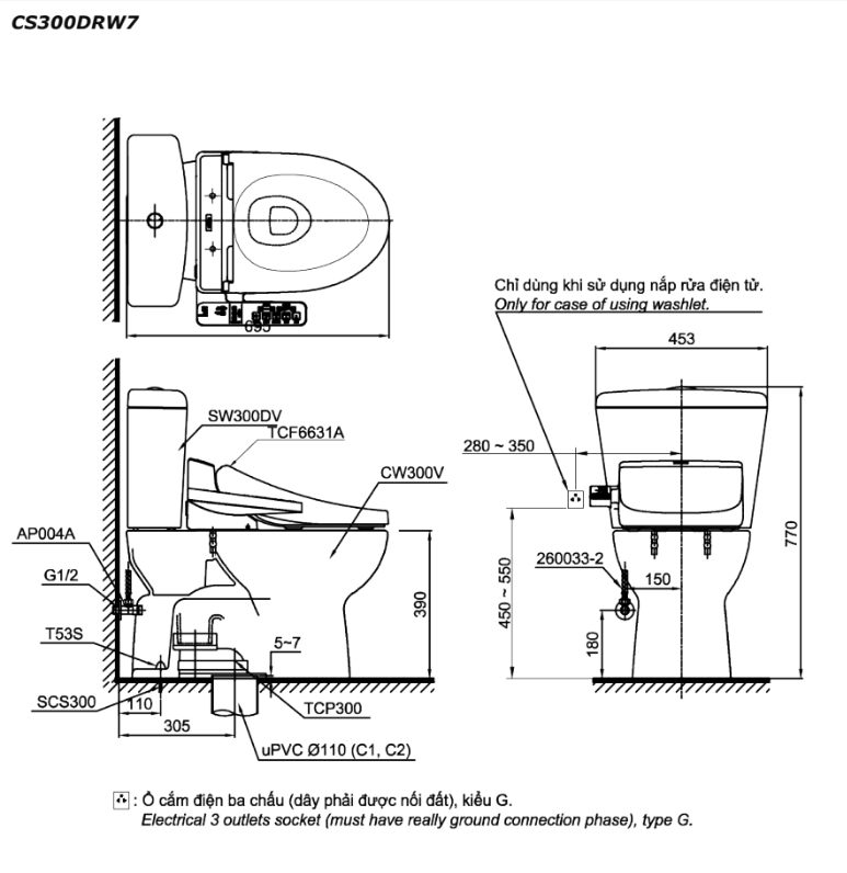 Bản vẽ kĩ thuật Bồn cầu 2 khối TOTO CS300DRW7 nắp rửa điện tử TCF6631A