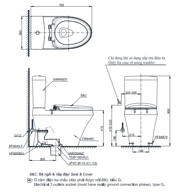 Bản vẽ kĩ thuật Bồn cầu 2 khối TOTO CS948D