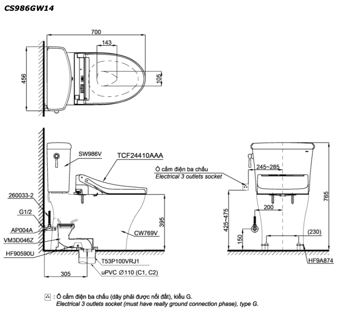 Bản vẽ kĩ thuật Bồn cầu 2 khối TOTO CS986GW14 nắp rửa điện tử TCF24410AAA