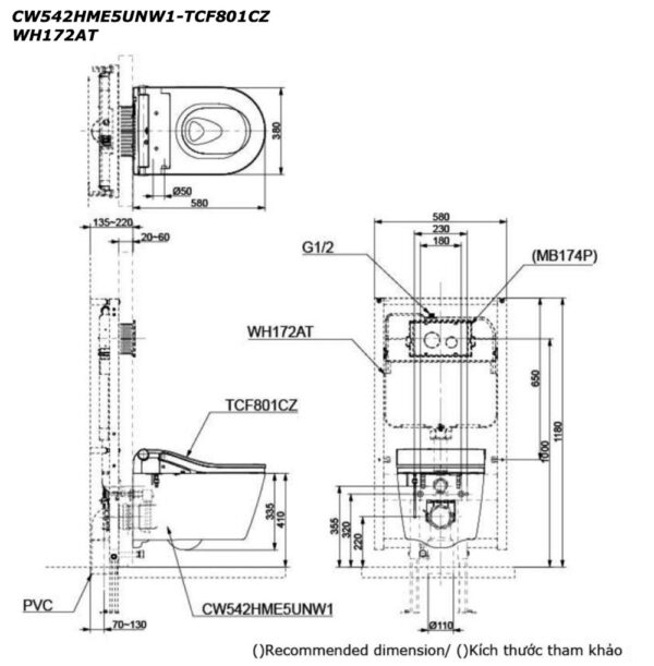 ban ve ki thuat bon cau treo tuong toto cw542hme5unw1 tcf801cz wh172at nap rua dien tu tu dong mo nap
