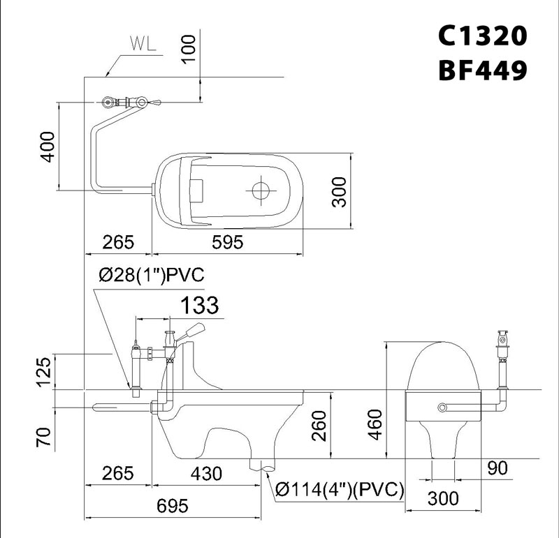 Bản vẽ kĩ thuật Bồn Cầu Xổm CAESAR C1230 BF449 bộ xả nhấn