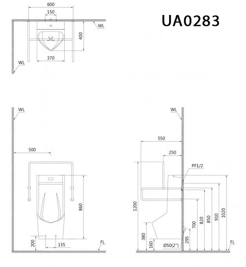 Bản vẽ kĩ thuật Bồn tiểu nam CAESAR UA0283 cảm ứng treo tường