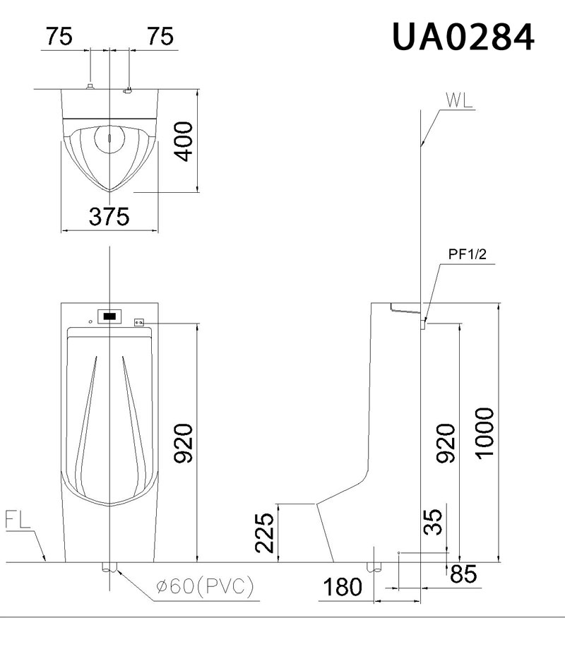 Bản vẽ kĩ thuật Bồn tiểu nam CAESAR UA0284 cảm ứng đặt sàn