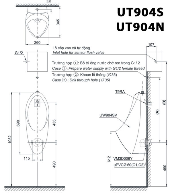 ban ve ki thuat bon tieu nam toto ut904s ut904n treo tuong