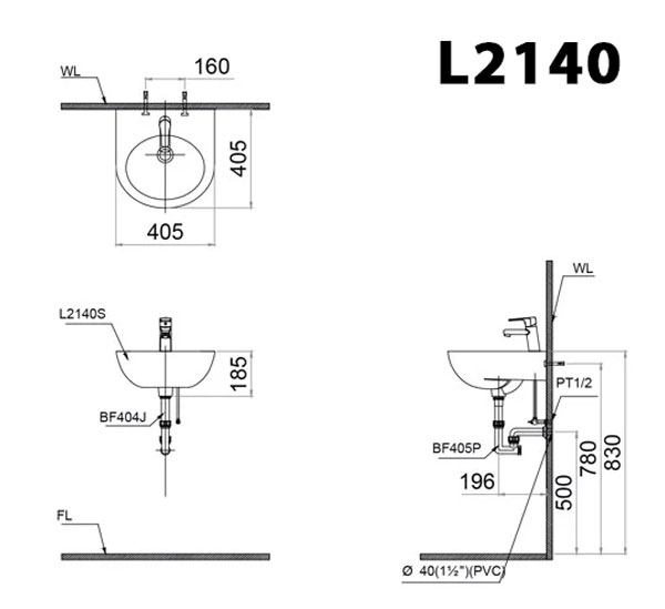 Bản vẽ kĩ thuật chậu lavabo CAESAR L2140 P2445 chân dài treo tường