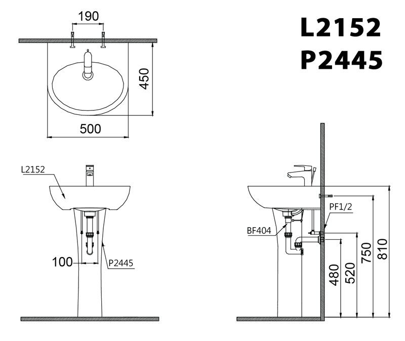 Bản vẽ kĩ thuật chậu lavabo CAESAR L2152 P2445 chân dài treo tường