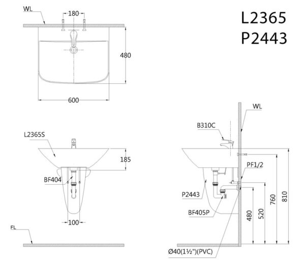 ban ve ki thuat chau rua mat lavabo caesar l2365 p2443 chan lung treo tuong