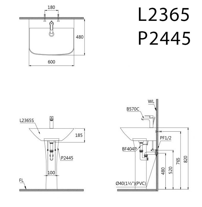 Bản vẽ kĩ thuật chậu lavabo CAESAR L2365 P2445 chân dài treo tường