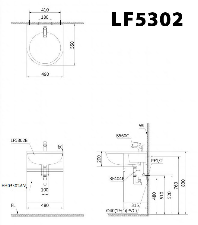 Bản vẽ kĩ thuật chậu lavabo CAESAR LF5302 bán âm