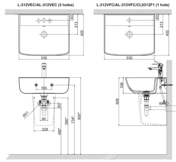 ban ve ki thuat chau rua mat lavabo inax al 312v ec fc kem l 298vc chan lung treo tuong