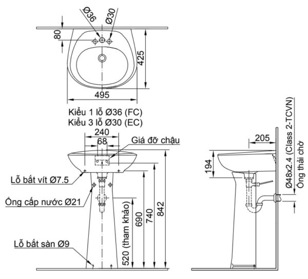 ban ve ki thuat chau rua mat lavabo inax l 284v ec fc l 284vd chan dai treo tuong