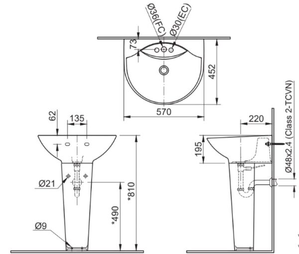 ban ve ki thuat chau rua mat lavabo inax l 288v ec fc l 288vd chan dai treo tuong