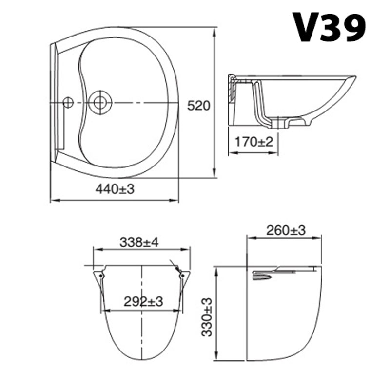 Bản vẽ kĩ thuật chậu lavabo VIGLACERA V39 (VI39) kèm chân lửng treo tường