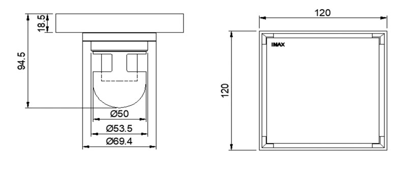 Bản vẽ kĩ thuật Phễu thoát sàn INAX FDV-12F vuông 120x120mm