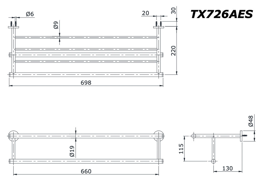 Bản vẽ kĩ thuật Giá treo khăn 2 tầng TOTO TX726AES