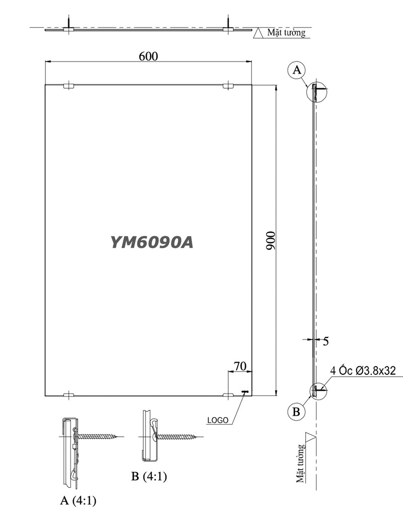 Bản vẽ kĩ thuật Gương phòng tắm TOTO YM6090A chống mốc 600x900mm