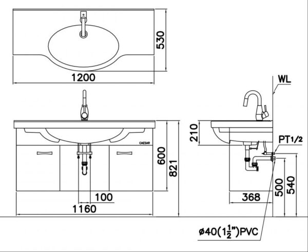 ban ve ki thuat lavabo treo tuong caesar lf5324eh213v