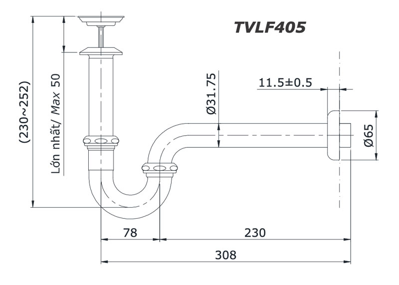 bản vẽ kĩ thuật Siphon xi phông bộ xả chữ p TOTO TVLF405 (TX709AV6)