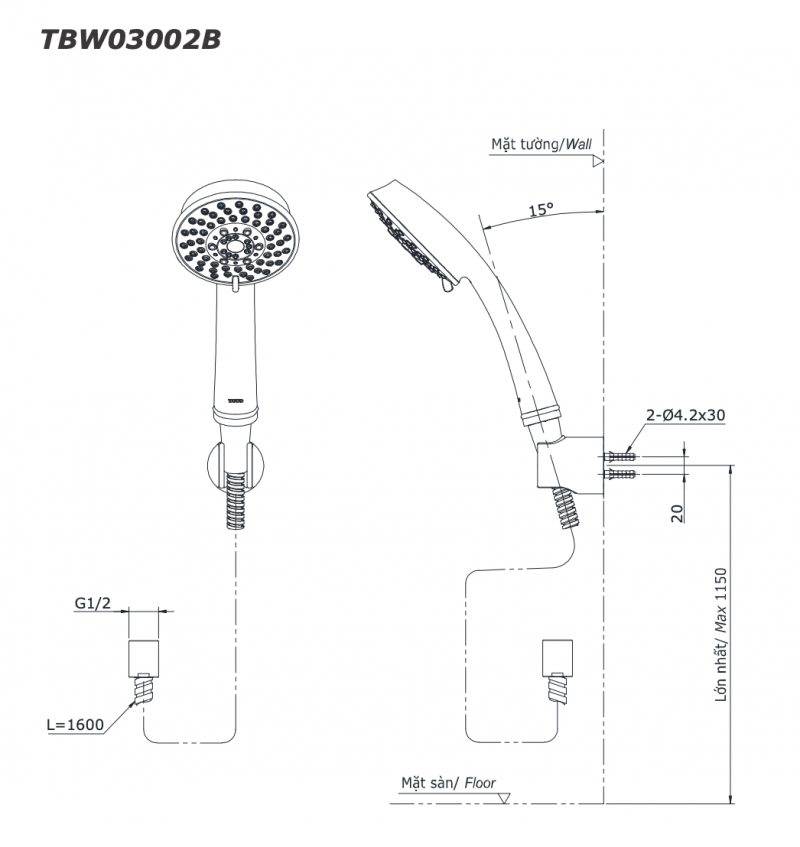 bản vẽ kĩ thuật tay sen toto TBW03002B điều chỉnh 5 chế độ phun massage