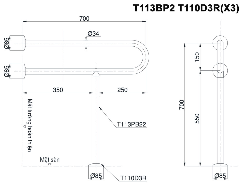 Bản vẽ kĩ thuật Thanh vịn TOTO T113BP2 T110D3R(X3)