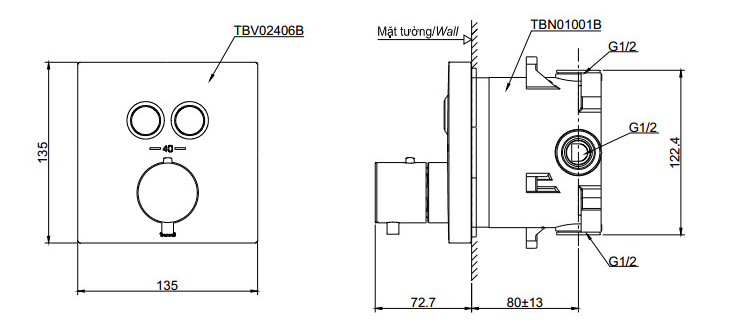 Bản vẽ kỹ thuật Van điều chỉnh nhiệt độ TOTO TBV02406B TBN01001B sen âm tường