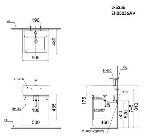 Bản vẽ kĩ thuật Tủ lavabo CAESAR LF5236 EH05236AV