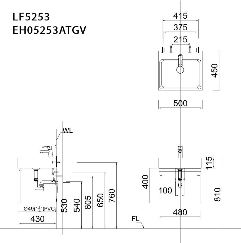 Bản vẽ kĩ thuật Tủ lavabo CAESAR LF5253 EH05253ATGV