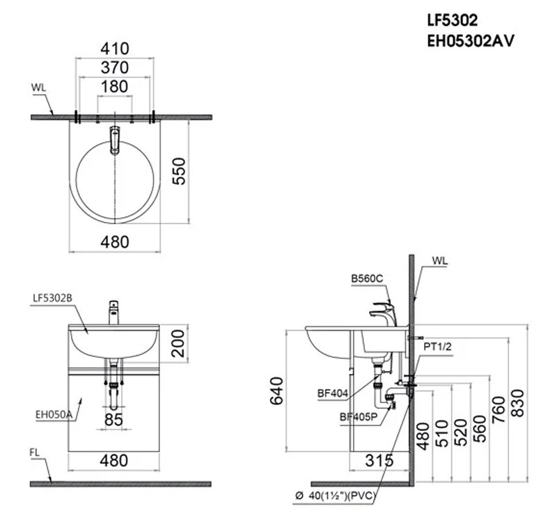 Bản vẽ kĩ thuật Tủ lavabo CAESAR LF5302 EH05302AV