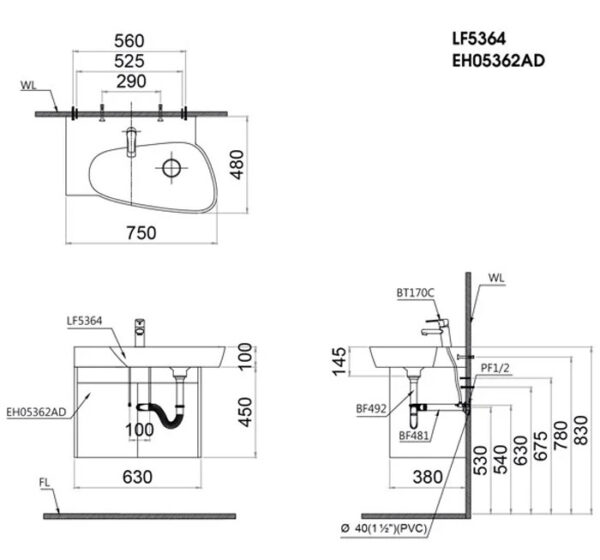 ban ve ki thuat tu chau lavabo caesar lf5362 eh05362ad