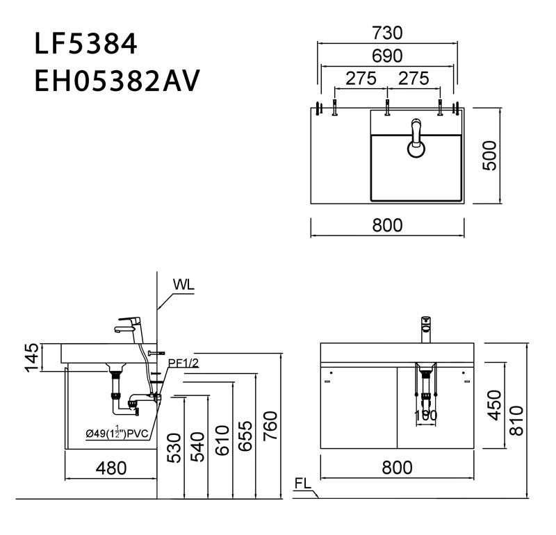 Bản vẽ kĩ thuật Tủ lavabo CAESAR LF5384 EH05382AV