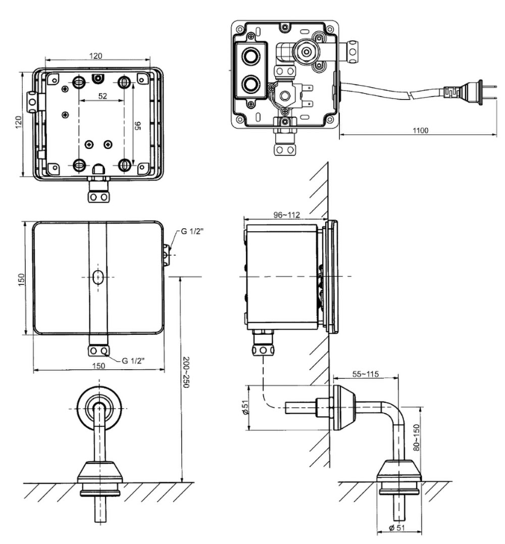 Bản vẽ kĩ thuật Van xả tiểu nam American Standard WF-8614 cảm ứng âm tường điện