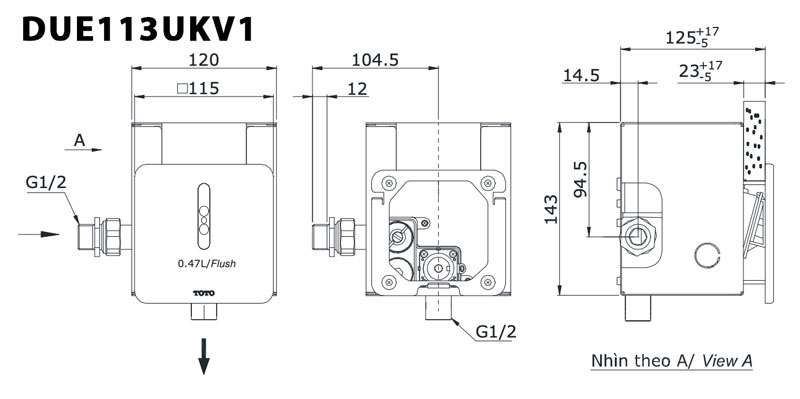 Bản vẽ kĩ thuật Van xả tiểu nam TOTO DUE113UKV1 cảm ứng dùng pin