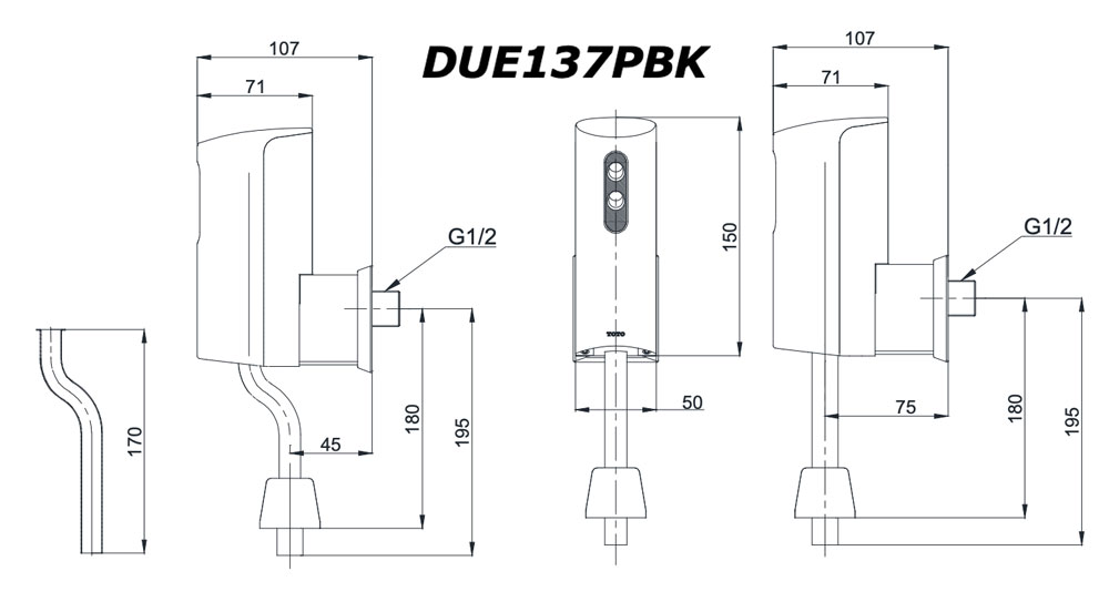 Bản vẽ kĩ thuật Van xả tiểu nam TOTO DUE137PBK cảm ứng dùng pin lắp nổi