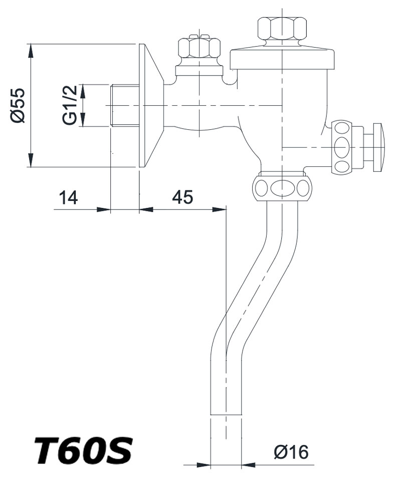 Bản vẽ kĩ thuật Van xả tiểu nam TOTO T60S dạng nhấn lắp nổi