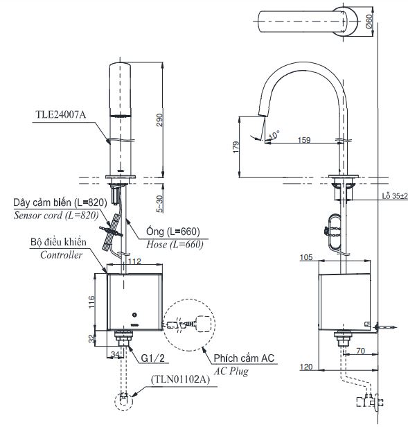 Bản vẽ kỹ thuật Vòi lavabo TOTO TLE24007A cảm ứng gắn bàn/chậu
