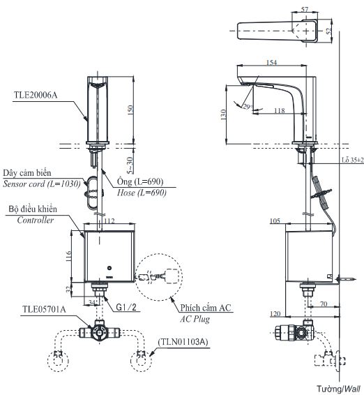 Bản vẽ kỹ thuật Vòi lavabo TOTO TLE20006A cảm ứng gắn bàn/chậu