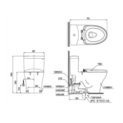 ban ve ky thuat bon cau 1 khoi toto ms885dw6 nap dien tu washlet