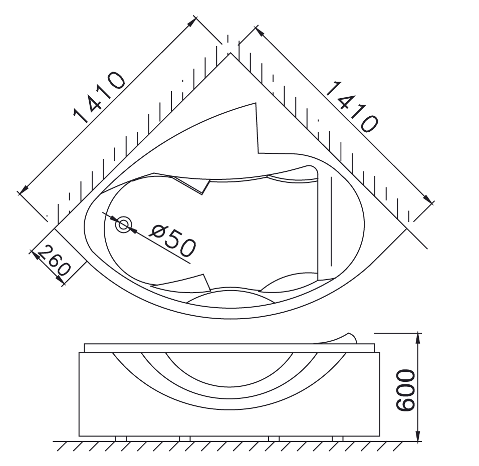 Bản vẽ kĩ thuật Bồn tắm CAESAR AT5140 góc chân yếm 1.41M