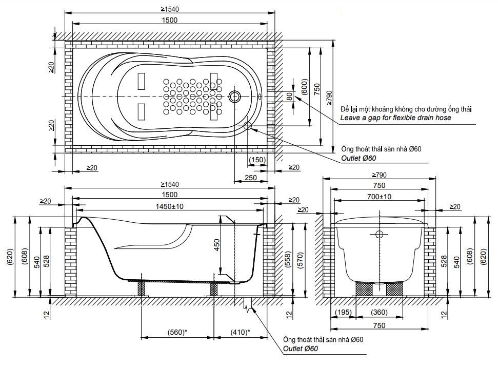 Bản vẽ kĩ thuật Bồn Tắm TOTO PAY1570D DB501R-2B TVBF412 xây 1.5M