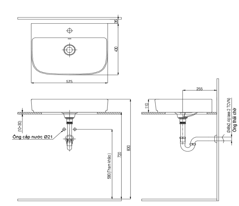 Bản vẽ kĩ thuật chậu lavabo INAX AL-632V đặt bàn