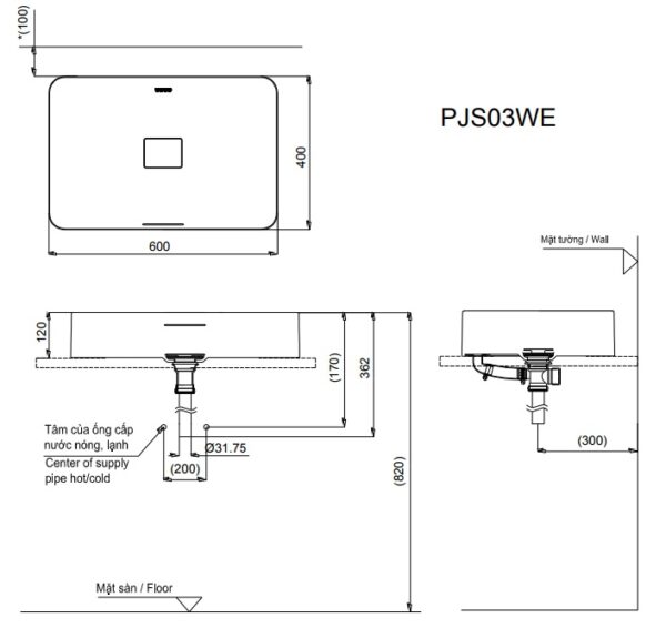 ban ve ky thuat lavabo toto pjs03we