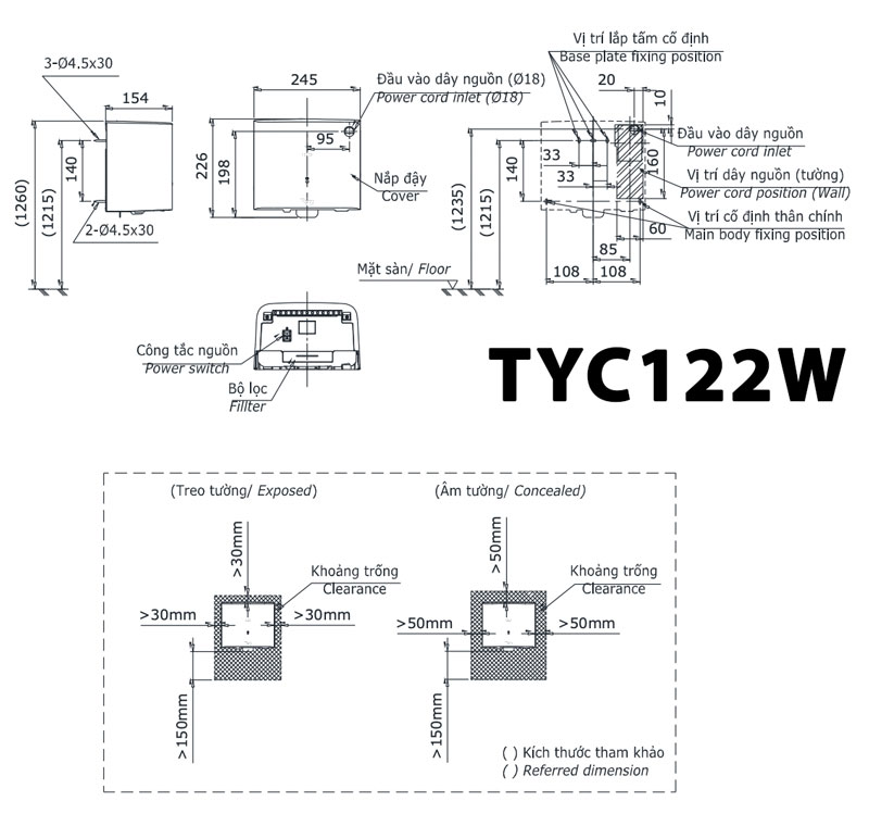 Bản vẽ kỹ thuật Máy sấy tay TOTO TYC122W