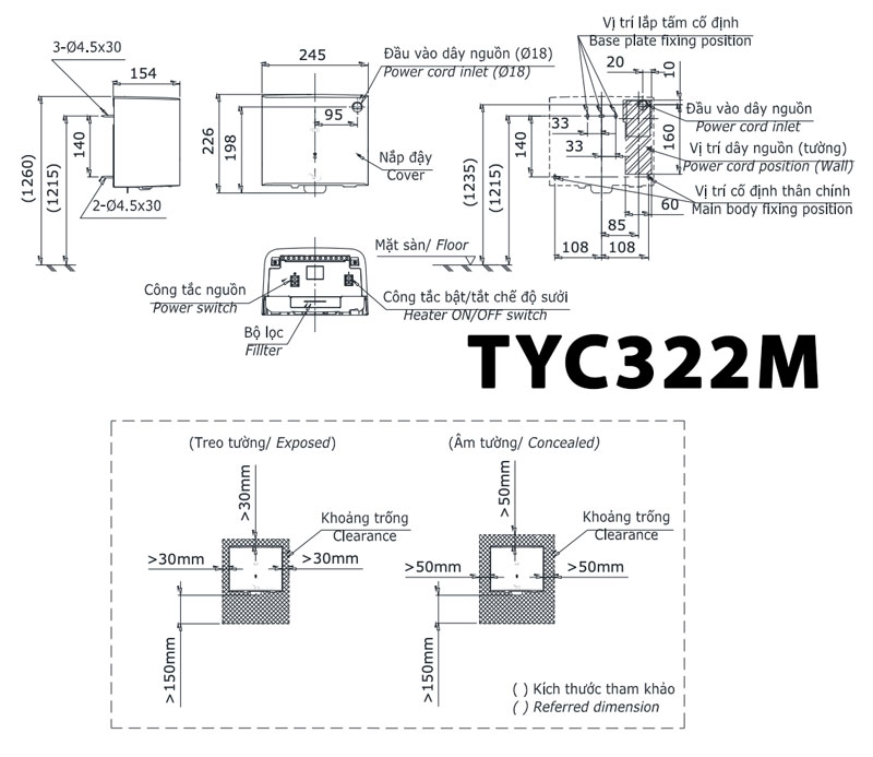 Bản vẽ kỹ thuật Máy sấy tay TOTO TYC322M