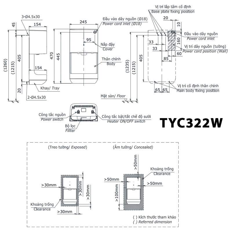 Bản vẽ kỹ thuật Máy sấy tay TOTO TYC322W