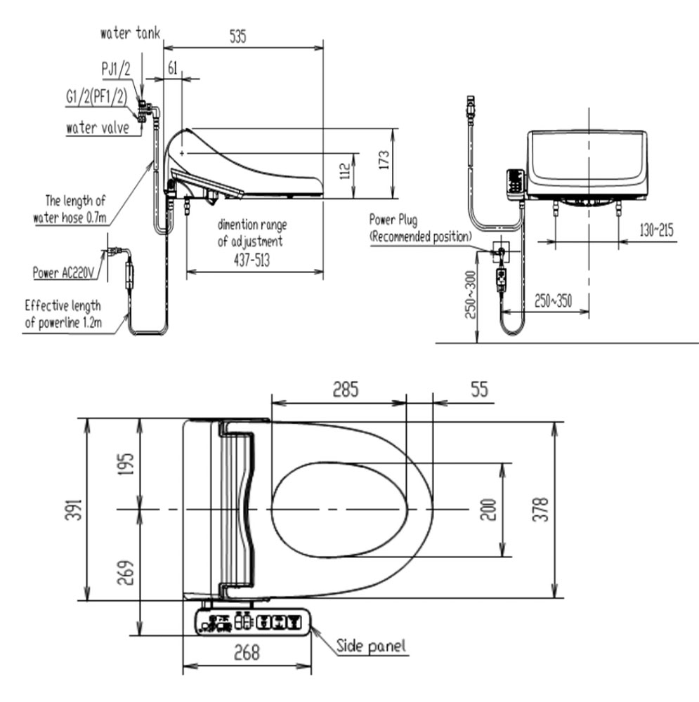 Bản vẽ kỹ thuật Nắp bồn cầu American Standard WP-7SL1 Pristine rửa điện tử