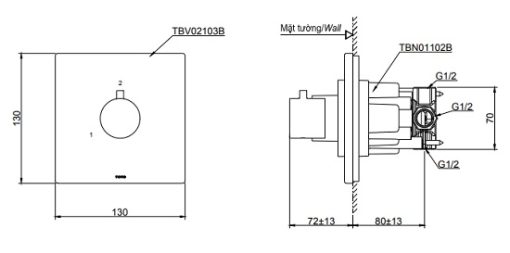 Bản vẽ kỹ thuật Van chuyển hướng TOTO TBV02103B TBN01102B sen âm tường