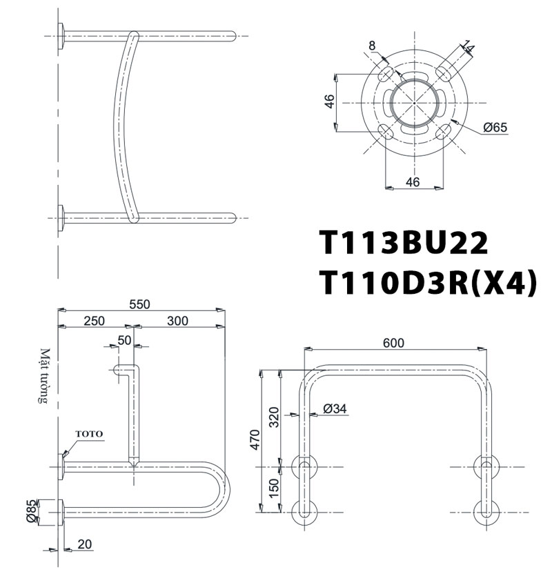 Bản vẽ kỹ thuật Thanh vịn TOTO T113BU22/T110D3R(x4) gắn tường