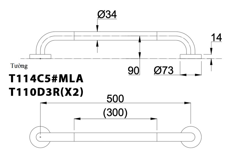 Bản vẽ kỹ thuật Thanh vịn TOTO T114C5#MLA T110D3R(X2) gắn tường
