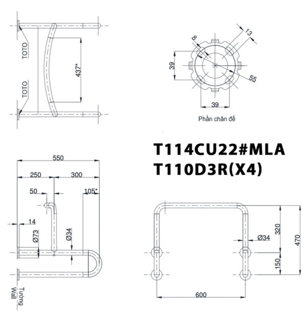 Bản vẽ kỹ thuật Thanh vịn TOTO T114CU22R#MLA T110D3R(x4) gắn tường